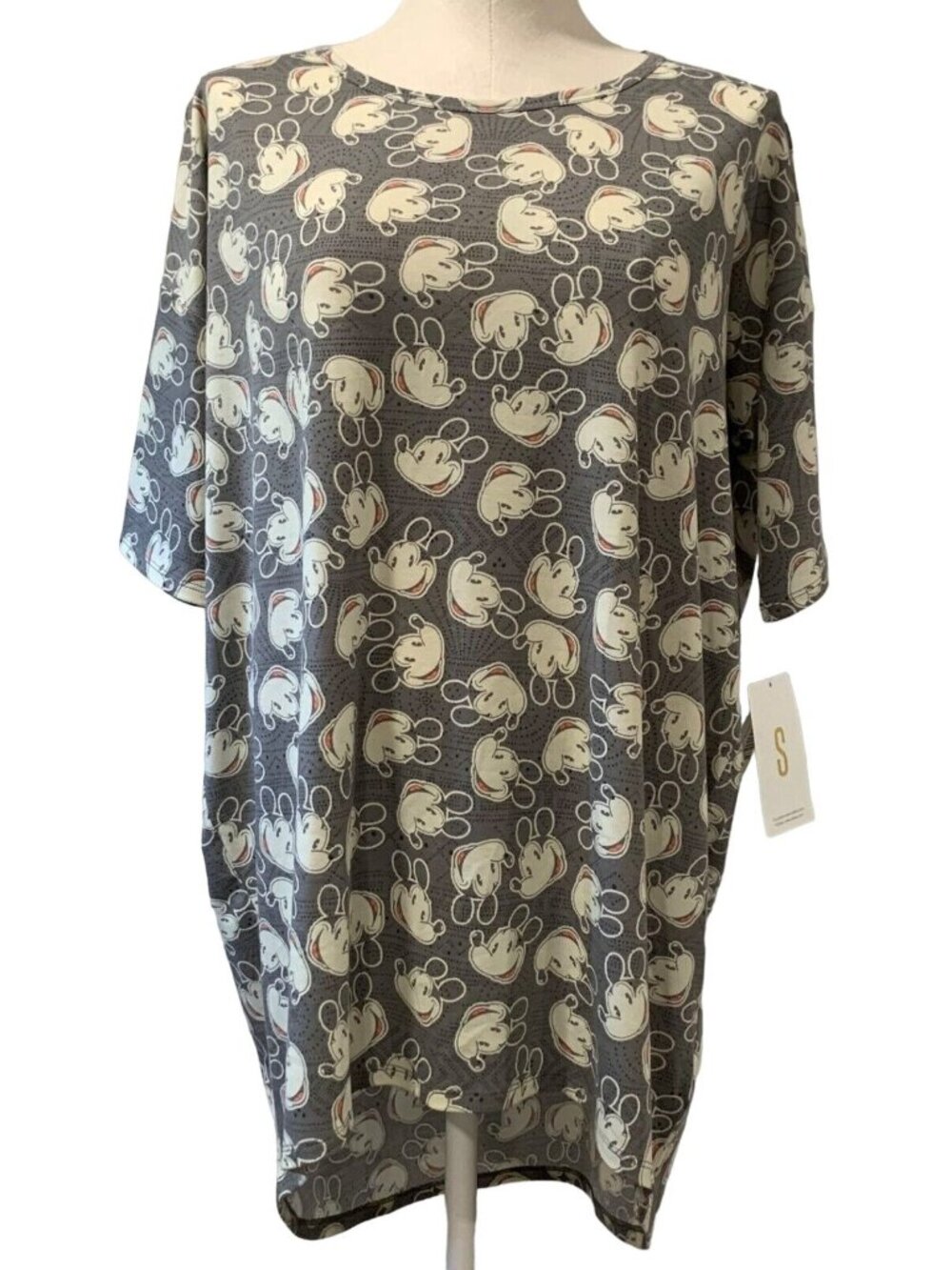 Disney LuLaRoe Irma Tunic Shirt Womens Size Small Gray Mickey Mouse Faces NEW